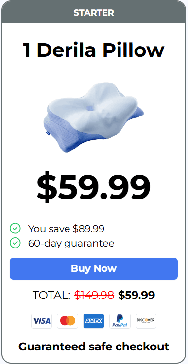 Derila Ergo Pillow starter pack with 1 ergonomic memory foam pillow priced at $59.99