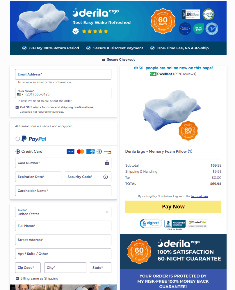 Secure checkout page for Derila Ergo Pillow with safe payment and encrypted order protection
